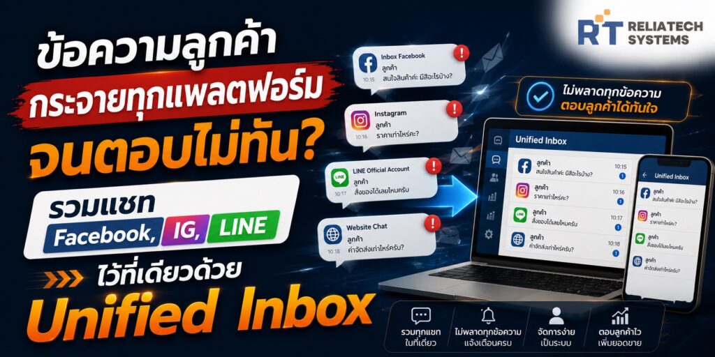 ข้อความลูกค้ากระจายทุกแพลตฟอร์มจนตอบไม่ทัน? รวมแชท Facebook, IG, LINE ไว้ที่เดียวด้วย Unified Inbox ข้อความลูกค้ากระจายทุกแพลตฟอร์ม unified inbox